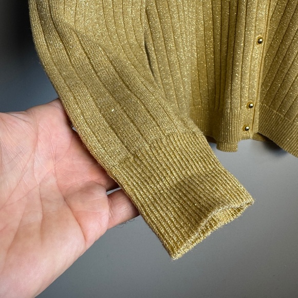 Fairset Petite Vintage Golden Metallic Ribbed Button Up V-Neck Sweater Size LP - Picture 3 of 15